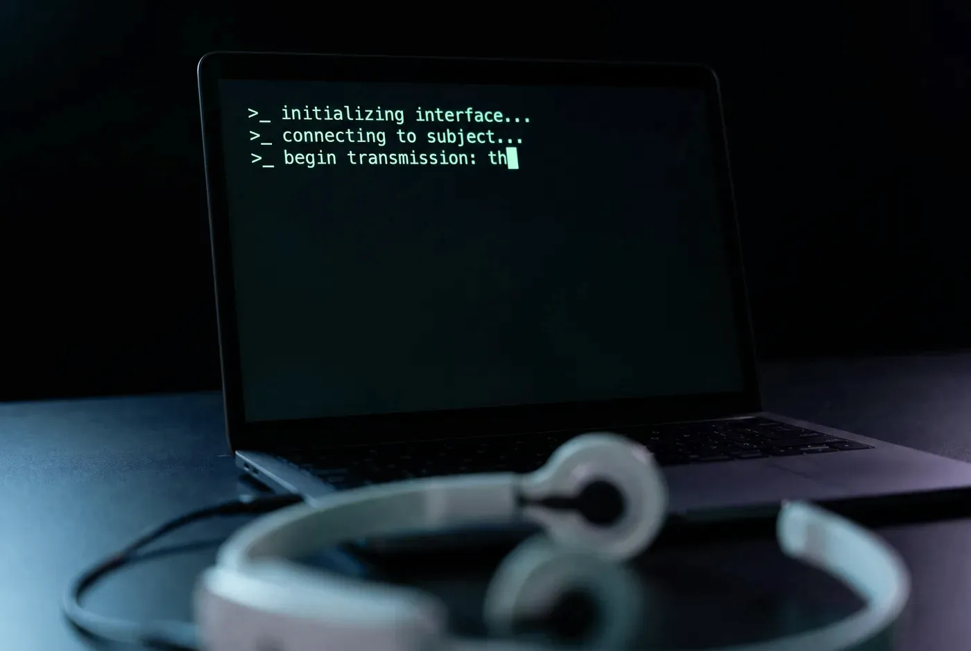 A laptop screen showing text being typed with no hands on the keyboard, an EEG headset blurred in the foreground